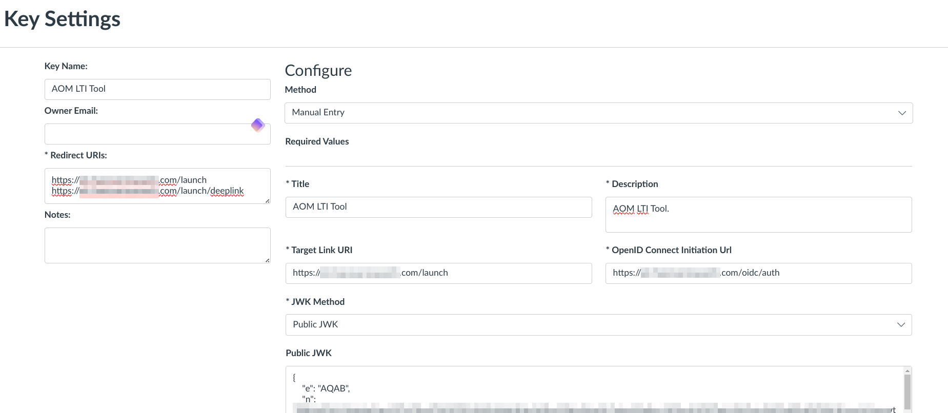 Canvas LMS developer key settings