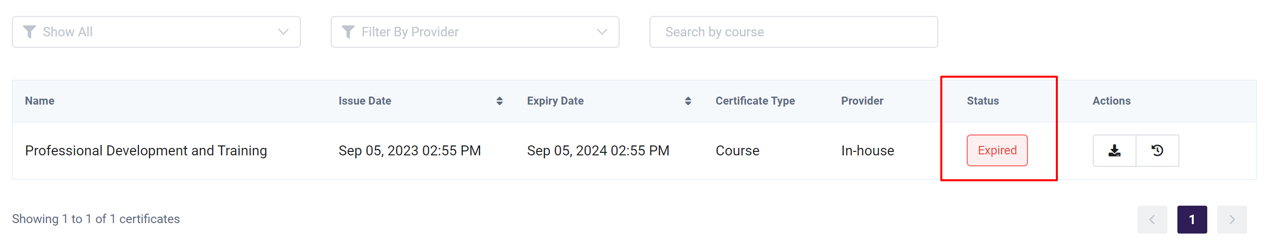 an expired certification in My Certificates