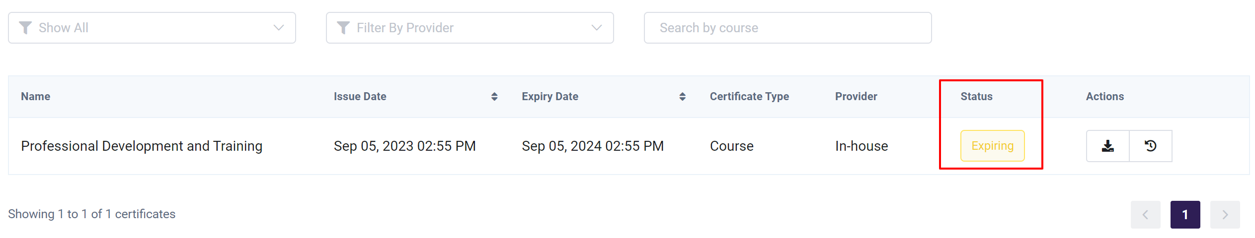 an expiring certification in My Certificates