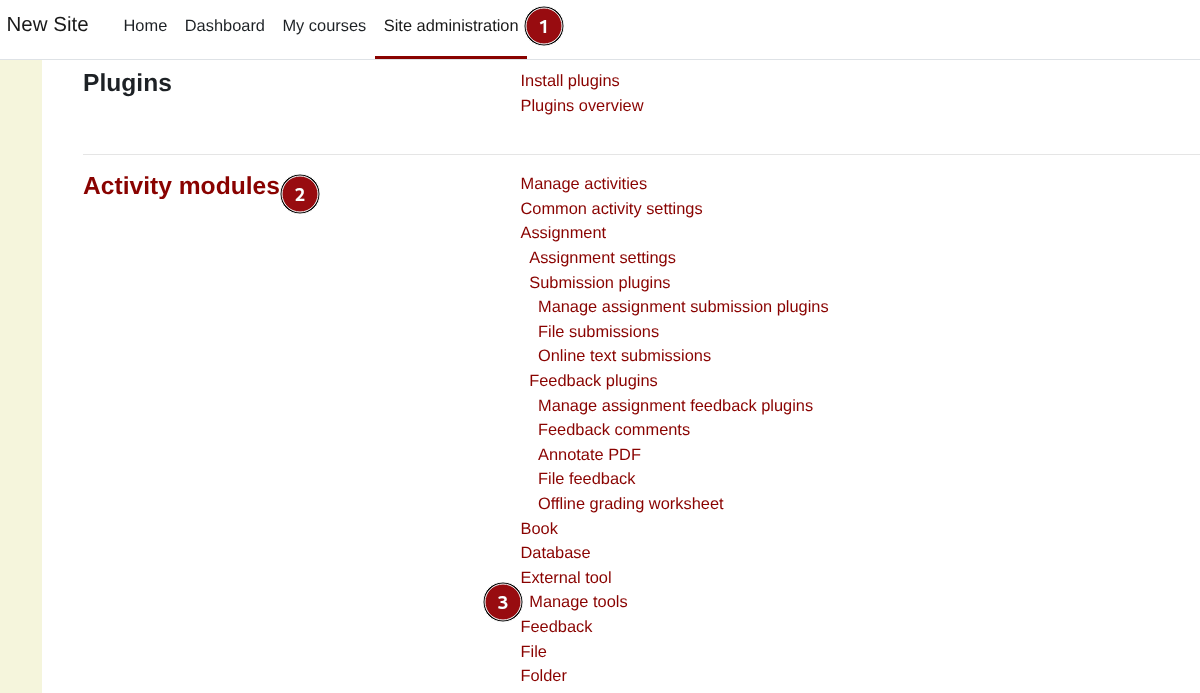 Screenshot of Moodle navigation menu showing the path to manage tools