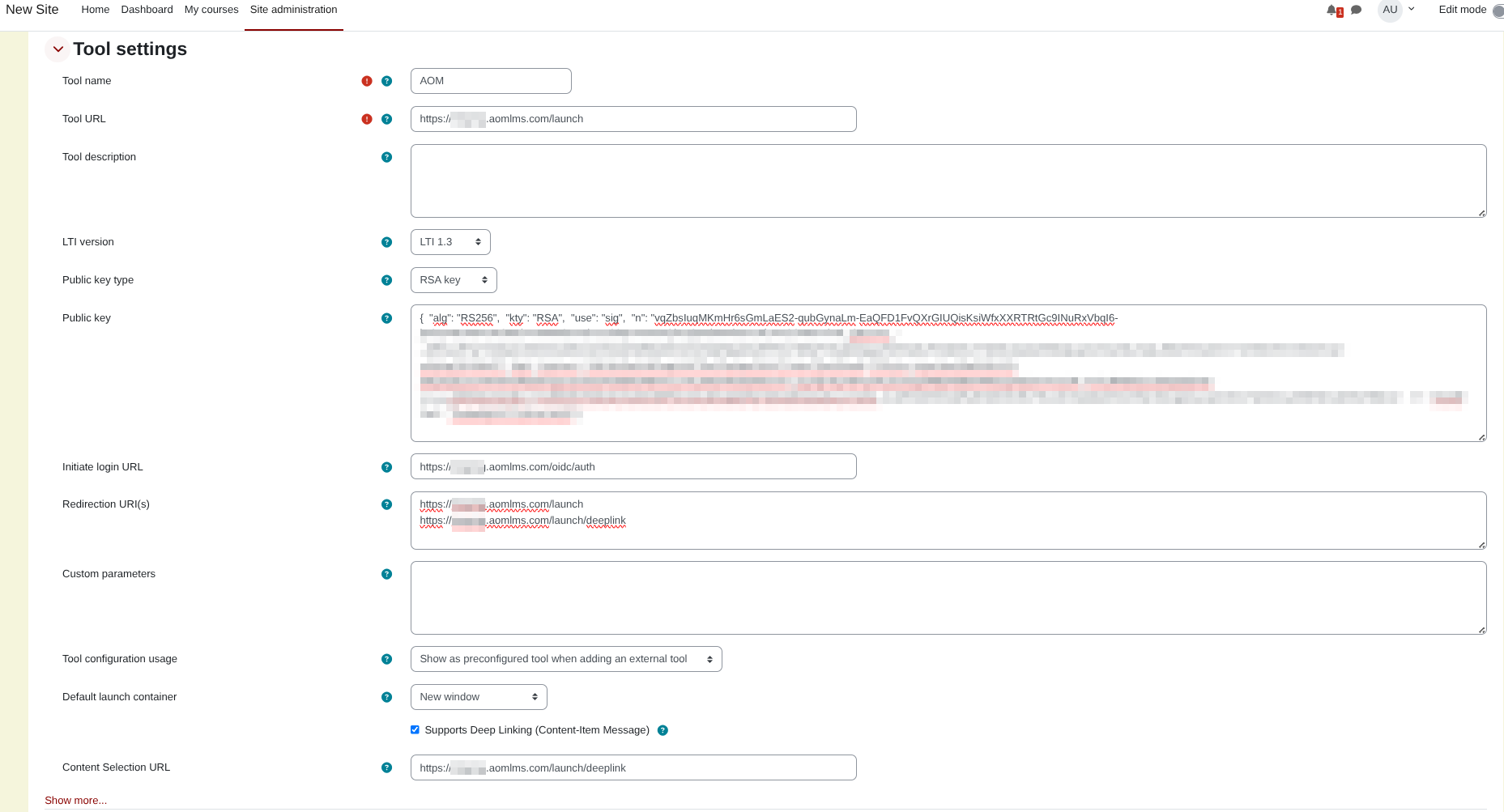 Screenshot showing the Moodle Tool configuration settings