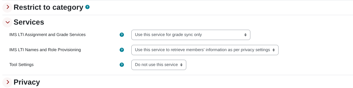 Screenshot of Services section with LTI services configured