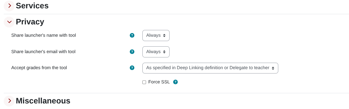Screenshot of Privacy section with settings configured