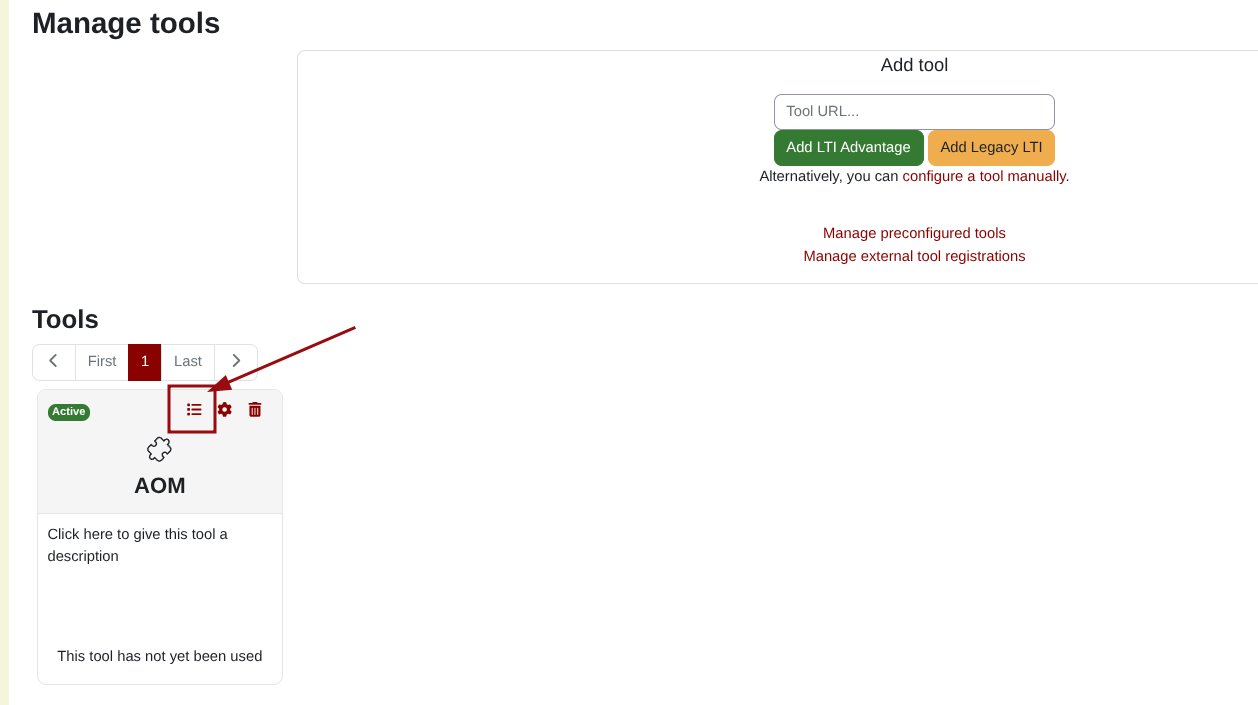 Screenshot of manage tools page showing the new tool with view details icon highlighted