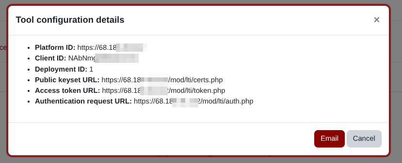 Screenshot of tool configuration details popup showing all required platform information