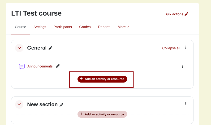Screenshot of Moodle course page in editing mode with Add activity or resource button highlighted