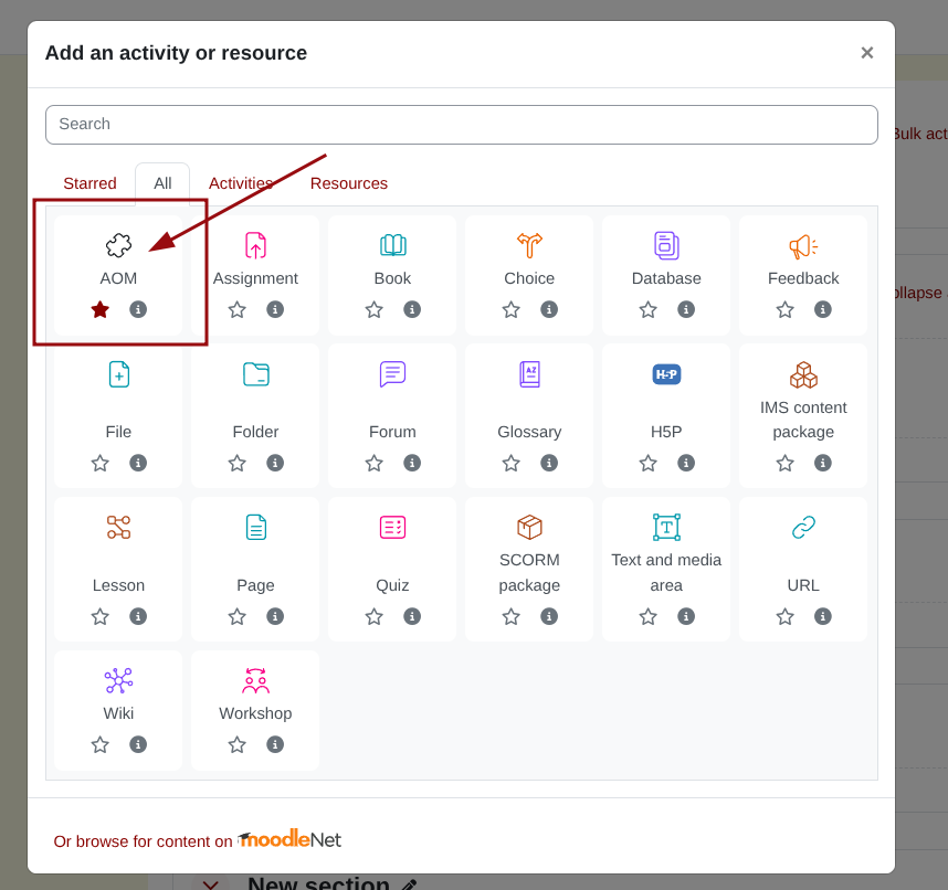 Screenshot of Moodle activity chooser with External tool highlighted